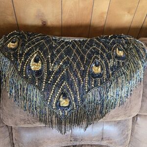 Black Beaded Layering Bib Shawl with Gold Sequin Accents